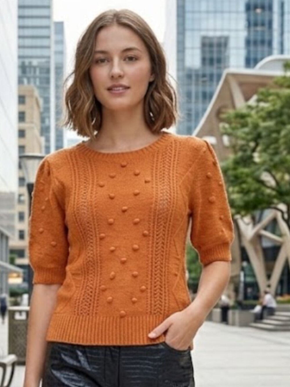 NWOT J.Crew Pom Pom Mesh Cotton Knit Sweater Top Orange Small